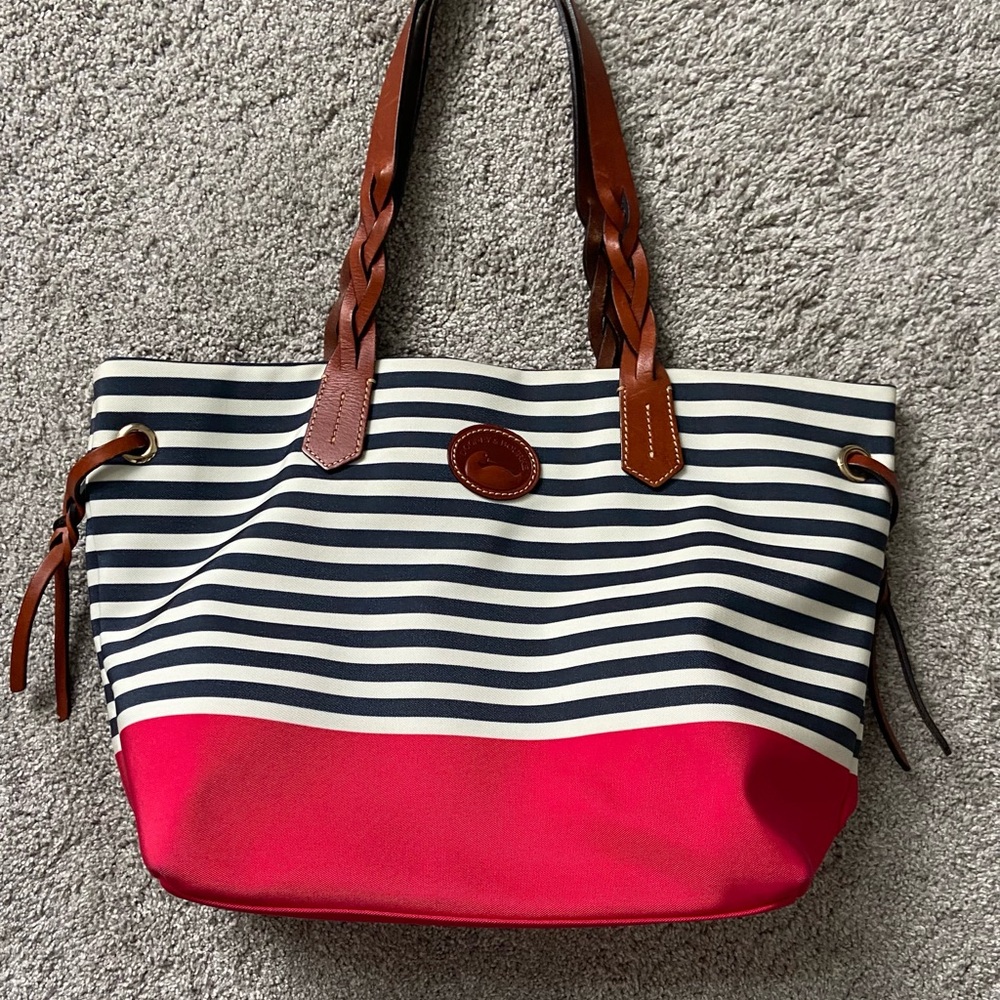 Red, white,  and navy blue striped Tote Bag w/leather straps.